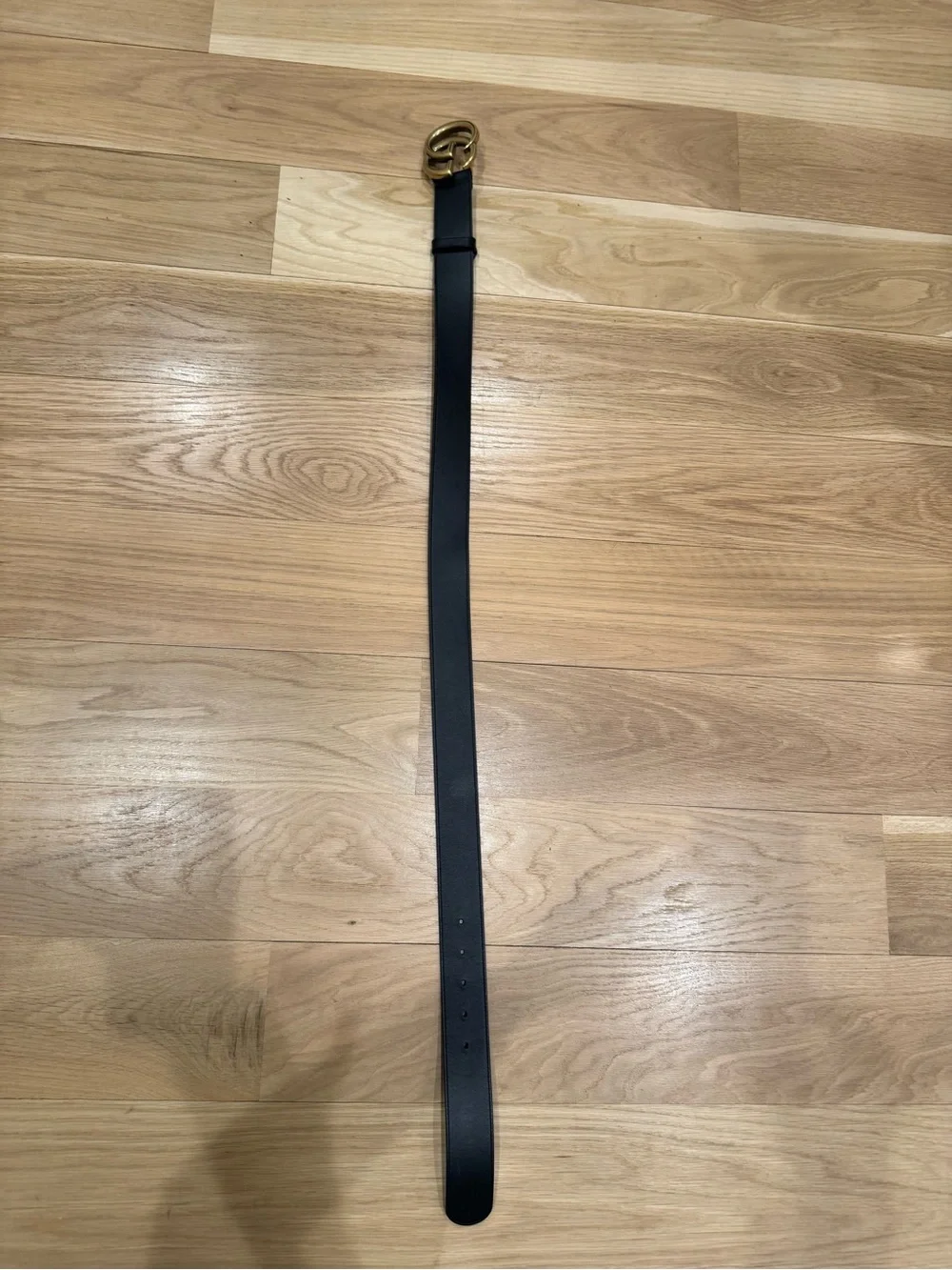 Gucci Black Leather Marmont Belt with Antique Gold Double GG Buckle